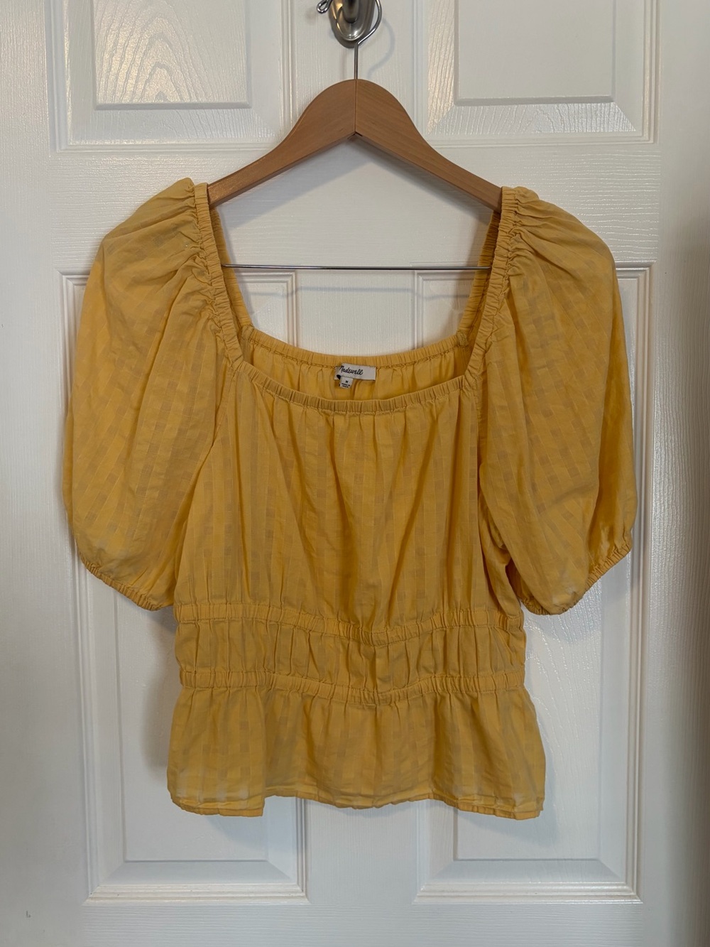 Madewell Butter Yellow Puff Sleeve Top Size M 100% Cotton Square Neck Cottage